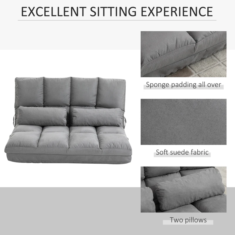 HOMCOM 2-In-1 Floor Sofa Lazy Bed, Folding Couch with Adjustable Backrest Headrest, Thick Padding, Metal Frame and 2 Pillows, Grey