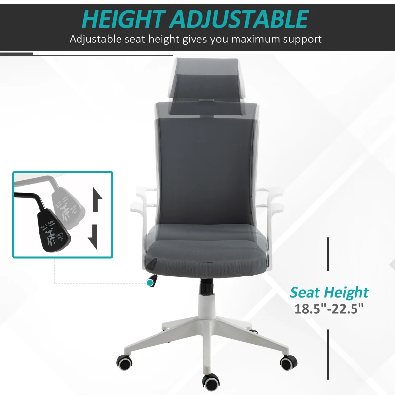 Vinsetto Office Chair High Back Mesh Office Chair 360° Swivel Rocking Height Adjustable with Headrest, Grey and White