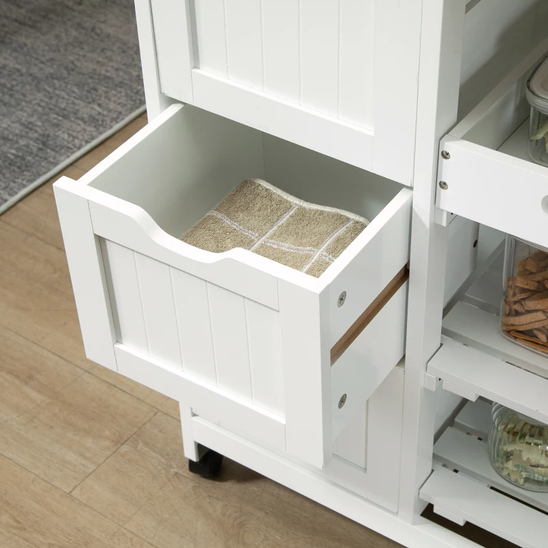 HOMCOM Rolling Kitchen Island Cart, Bar Serving Cart, Compact Trolley on Wheels with Wood Top, Shelves and Drawers (White)