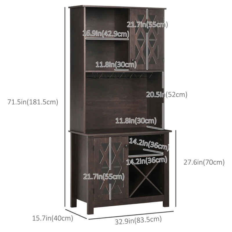 HOMCOM 72" Kitchen Pantry, Buffet with Hutch, Cupboard for Microwave, 2 Door Cabinets, Wine Glasses Rack, Wine Rack, Brown