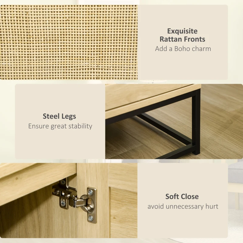 HOMCOM Wood Sideboard Accent Storage Cabinet with 2 Rattan Doors, Adjustable Shelf, and Steel Legs for Living Room Kitchen