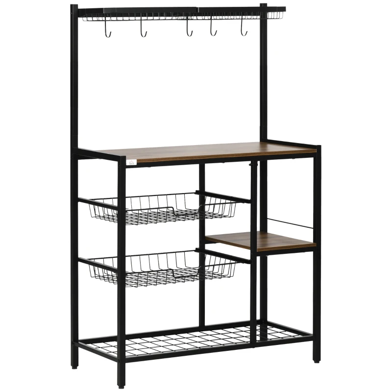 HOMCOM Industrial Kitchen Bakers Rack, Microwave Stand, Coffee Bar Station with Storage Shelves, Wire Basket, 5 Movable Hooks, Walnut