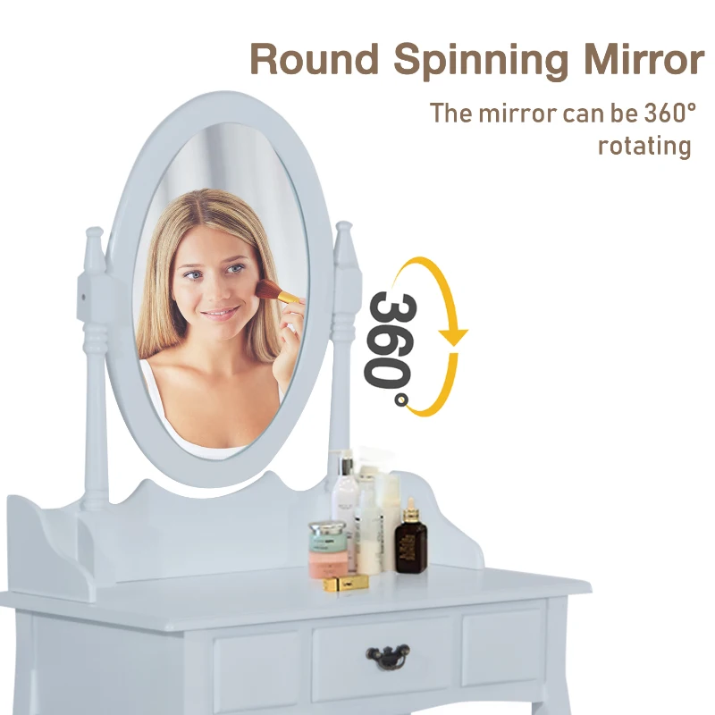 HOMCOM Vanity Table Set Oval Mirror Makeup Dressing Table with Cushioned Stool Bedroom Furniture White