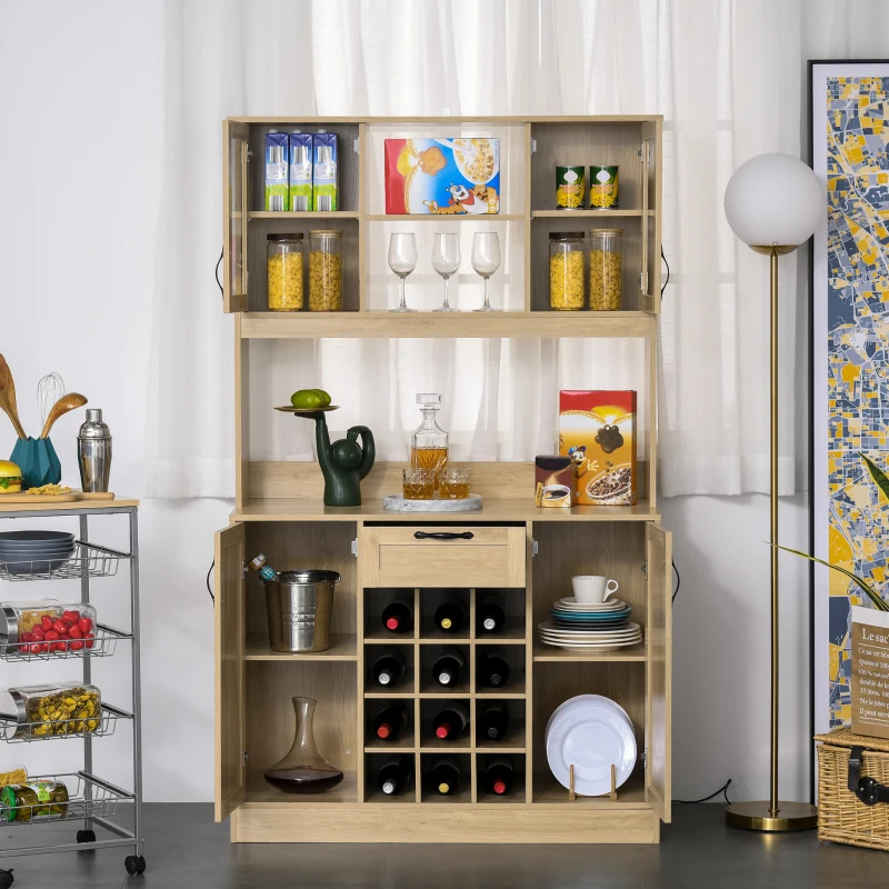 HOMCOM 71'' Large Traditional Kitchen Pantry Cabinet Cupboard, Kitchen Buffet Server Hutch Storage Sideboard with Microwave Counter, Optional 12-Bottle Wine Storage, Adjustable Shelves