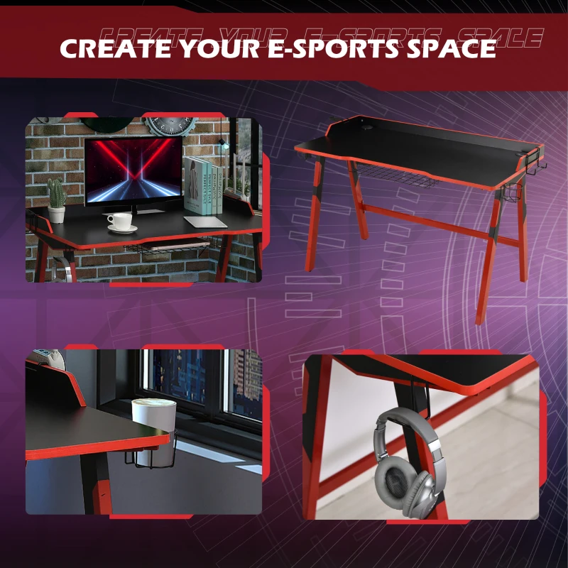 HOMCOM 55" Gaming Desk Gaming Table Home Office Desk with Durable Steel Frame, Game Station with Earphone Hook, Cup Holder, Under Table Wire Box, Game Handle Holder, Black