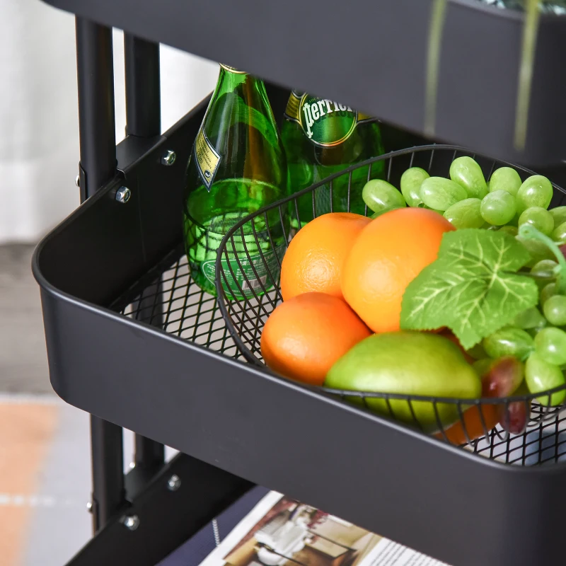 HOMCOM 3-Tier Rolling Serving Cart Utility Kitchen Trolley Storage Cart Multifunction Organizer Shelving Units with Wheels, Black