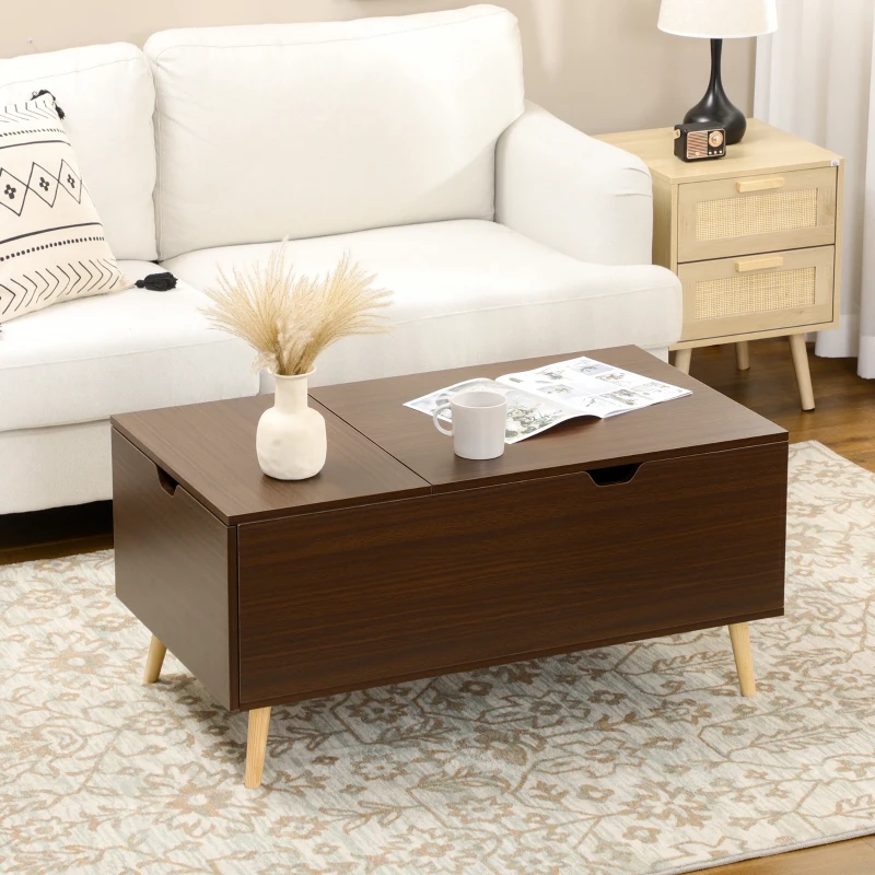 HOMCOM Coffee Table with Wood Legs, Lift Top Coffee Table with Drawer, Hidden Compartment, 38.6" x 21.3" x 18.9", Brown