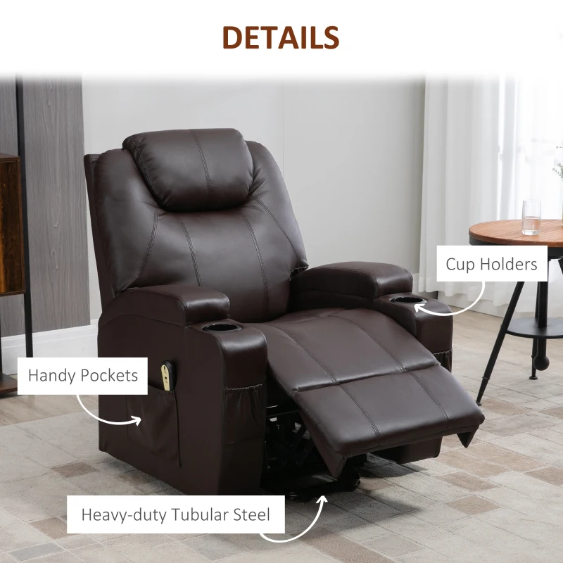 HOMCOM PU Leather Power Lift Chair for Elderly with Cup Holders Side Pockets Footrest and Remote Control (Brown)