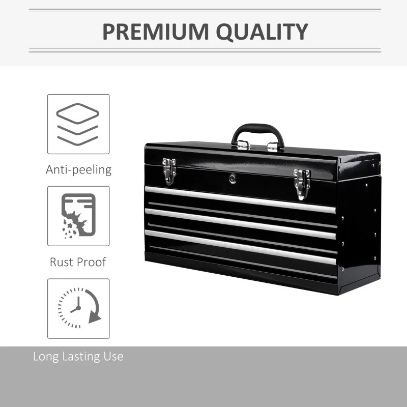 HOMCOM 3-Drawer Tool Storage Chest Steel Tool Box Organizer Portable Garage Tool Cabinet Toolbox w/ Handle Black