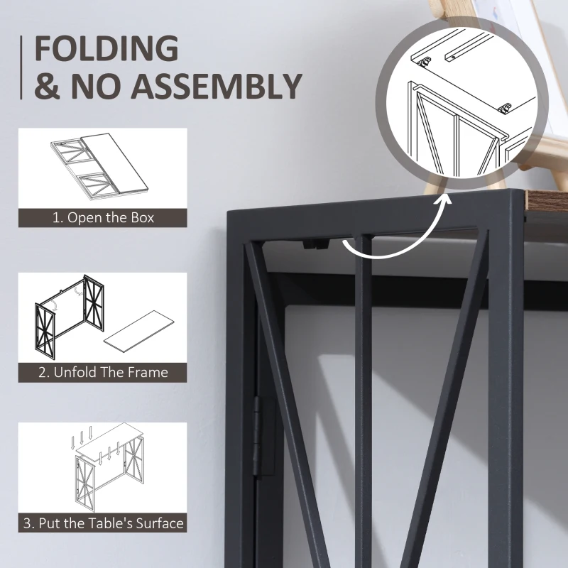 HOMCOM Foldable Console Table, Industrial Sofa Table, Narrow Farmhouse Table with Metal Frame for Living Room, Entryway, Foyer, Brown