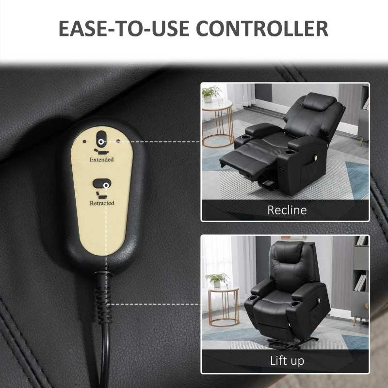 HOMCOM PU Leather Power Lift Chair for Elderly with Cup Holders Side Pockets Footrest and Remote Control (Black)
