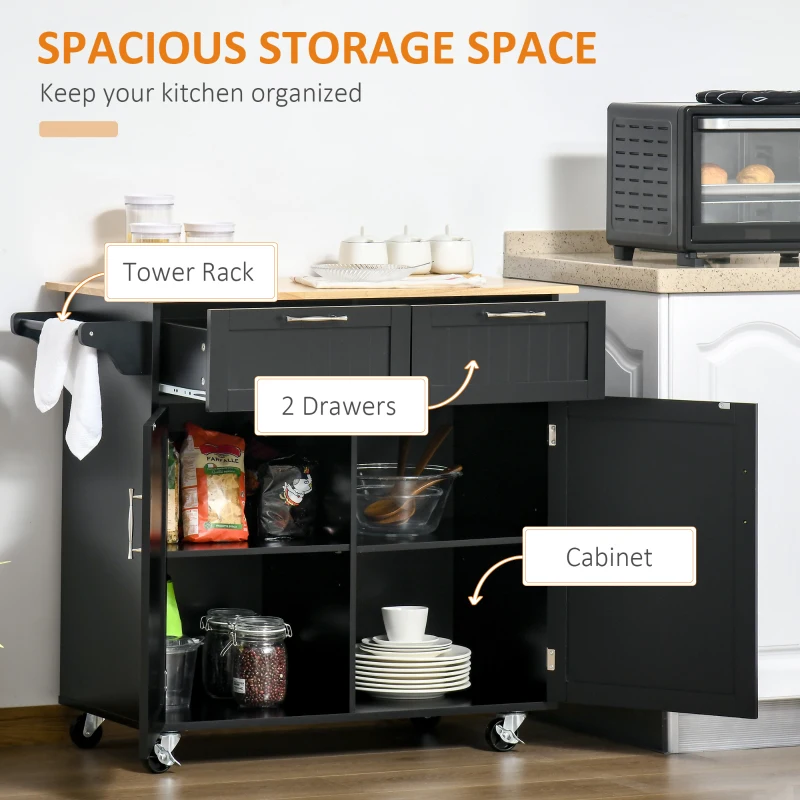 HOMCOM Rolling Kitchen Island, Kitchen Cart on Wheels with 2 Storage Drawers, 2 Door Cabinets and Towel Rack for Dining Room (Black, 2-Doors)