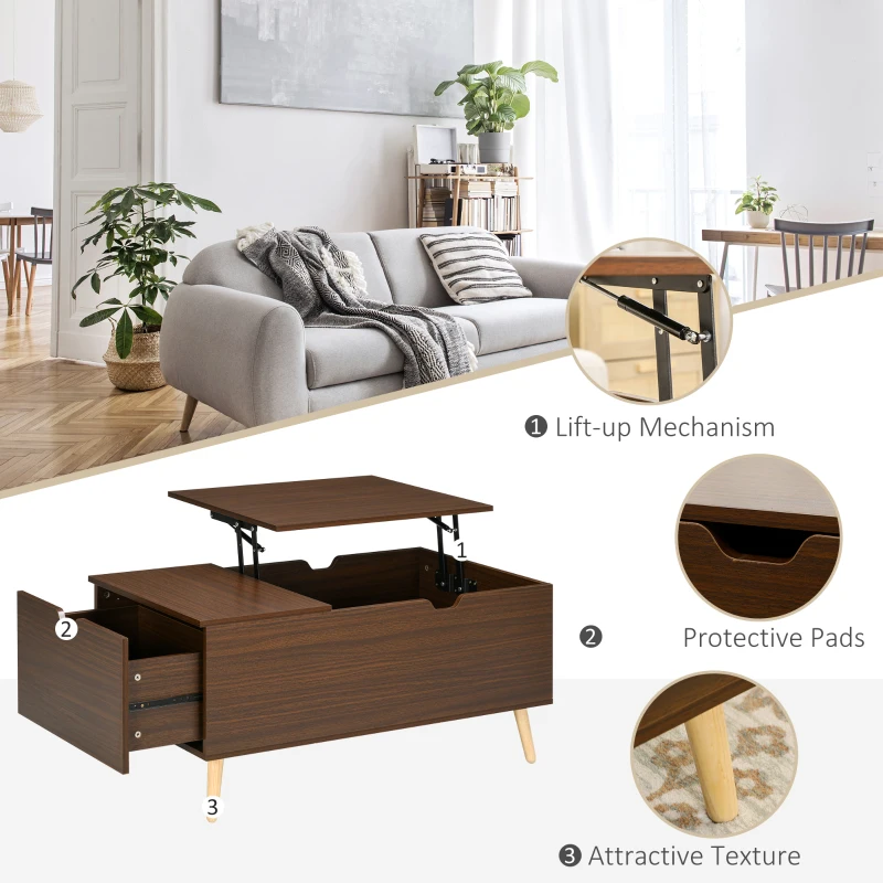 HOMCOM Coffee Table with Wood Legs, Lift Top Coffee Table with Drawer, Hidden Compartment, 38.6" x 21.3" x 18.9", Brown