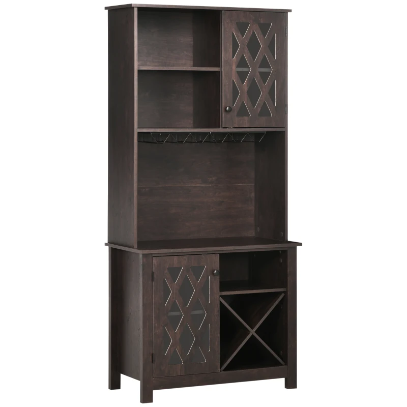 HOMCOM 72" Kitchen Pantry, Buffet with Hutch, Cupboard for Microwave, 2 Door Cabinets, Wine Glasses Rack, Wine Rack, Brown