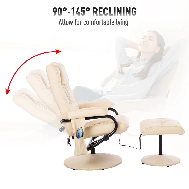 HOMCOM Massage Recliner Ottoman Set Electronic Swivel Armchair with Wrapped Base and Matched Footrest 10 Vibration Modes Beige