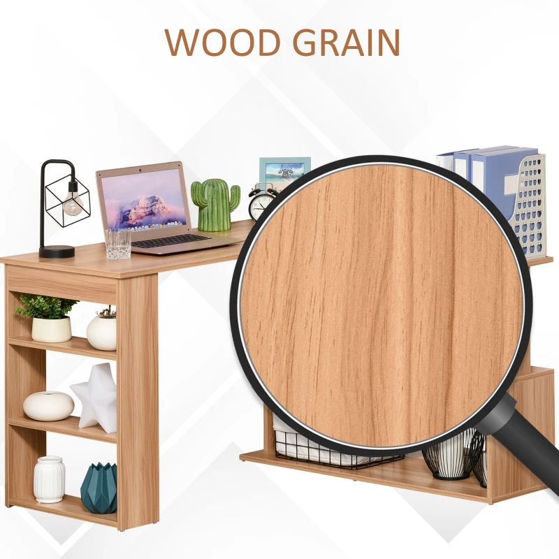 HOMCOM L Shaped Desk, 360° Rotating Corner Desk, Computer Writing Table Workstation with Storage Shelf for Home Office, Maple Brown