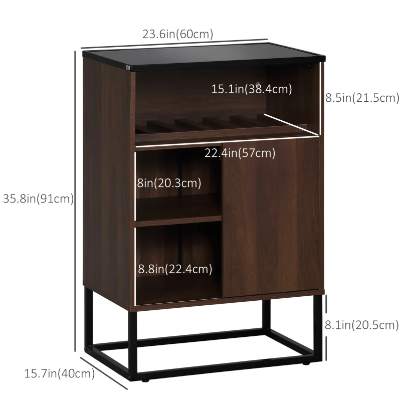 HOMCOM Industrial Wine Bar Cabinet, Liquor Cabinet for 6 Bottles, Sideboard with Sliding Door, Tempered Glass Top, Adjustable Shelf for Home Bar, Dining Room, Walnut