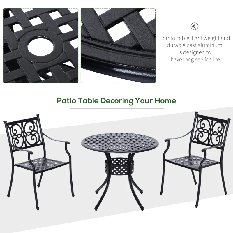 Outsunny 33-Inch Roud Patio Dining Table with Umbrella Hole, Cast Aluminum Garden Table, All Weather Patio Bisto Table, for Lawn, Garden, Outside, Black