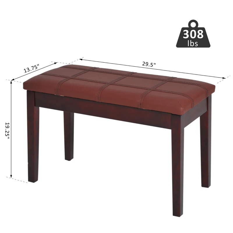 HOMCOM Duet Piano Storage Bench Two Person Professional Padded Keyboard Seat Birchwood with Traditional PU Leather Lift Top Brown