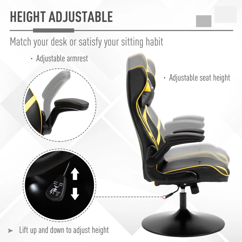Vinsetto Office Chair Racing Vedio Gaming Faux Leather with Pedestal Base, Adjustable Head Pillow, Flip-Up Armrest, Yellow and Black