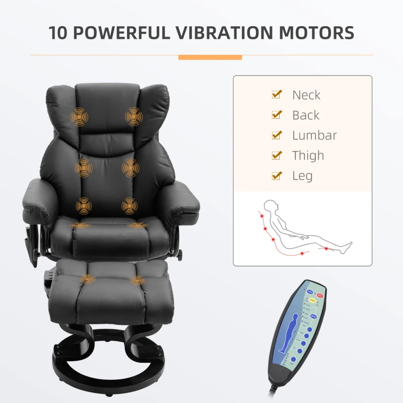 HOMCOM Massage Recliner and Ottoman, PU Leisure Office Chair with 10 Vibration Points, Adjustable Backrest, Side Pocket and Remote Control, for Living Room, Study, Bedroom, Black