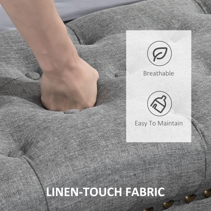 HOMCOM Mobile End of Bed Bench, Upholstered Bedroom Entryway Bench with Button-Tufted, Accent Ottoman with Nailhead Trim and Wheels, Gray