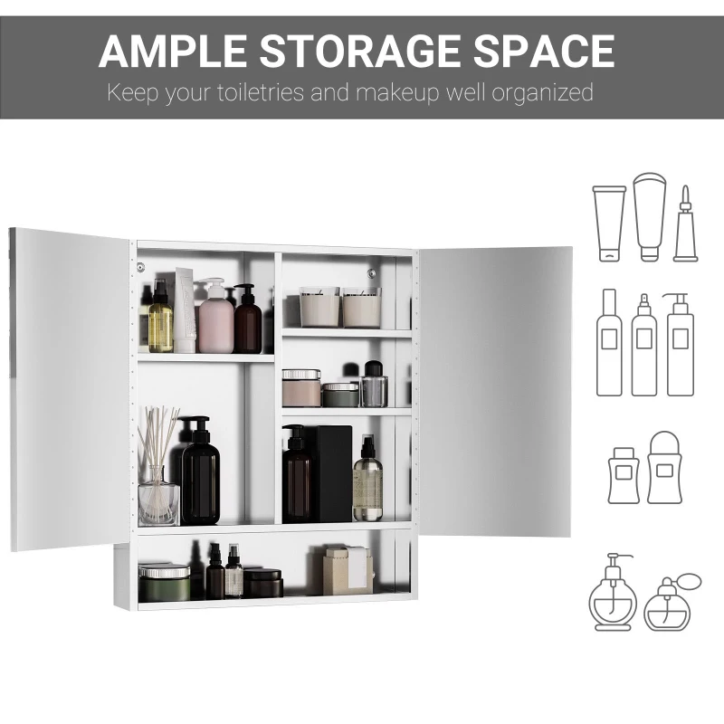 kleankin Wall Mount Bathroom Mirror Cabinet, Medicine Cabinet with Shelves Storage Organizer Stainless Steel Double Doors