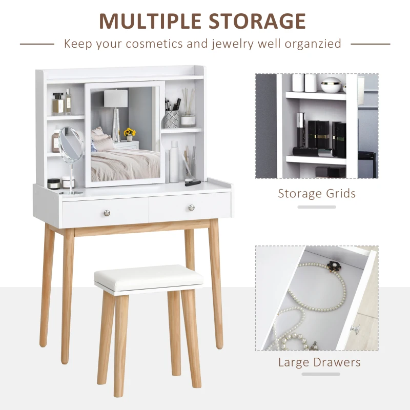 HOMCOM Dressing Table Set with Sliding Door, Mirror and Cushioned Stool, Makeup Vanity Dressing Table with 2 Drawers for Bedroom, White