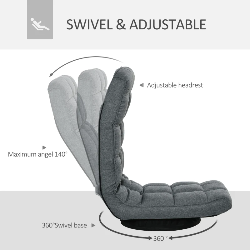 HOMCOM 360° Swivel Floor Chair, Folding Recliner Gaming Chair, Lazy Sofa Lounger with Adjustable Backrest Headrest, Thick Sponge Padding, Relaxing Reading, Light Grey