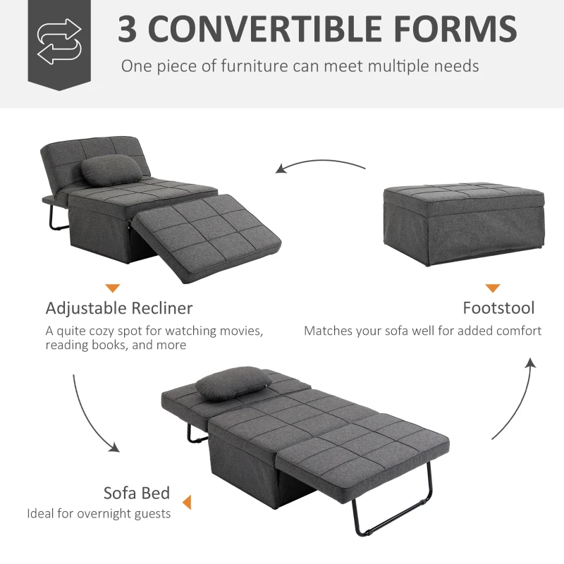 HOMCOM 3-in-1 Convertible Sleeper Sofa Bed Guest Bed Cot Lounge Chair Footstool with 5-Position Backrest Pillow, Linen Grey