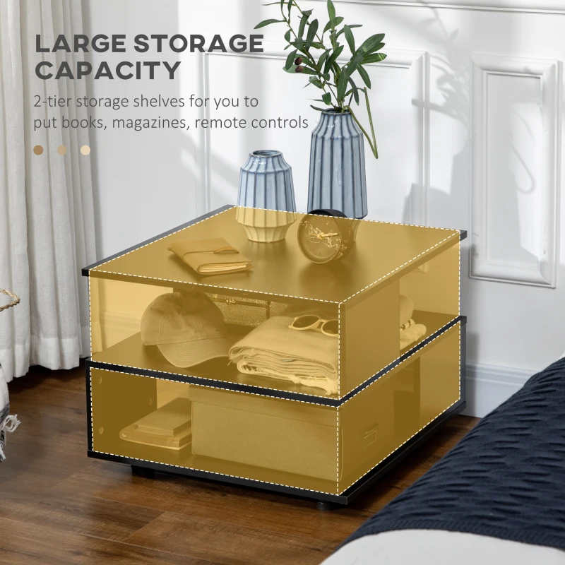 HOMCOM Modern Side Table with Storage Shelves, Square End Table for Bedroom, Living Room, Small Space, Night Stand with Adjustable Feet, Black