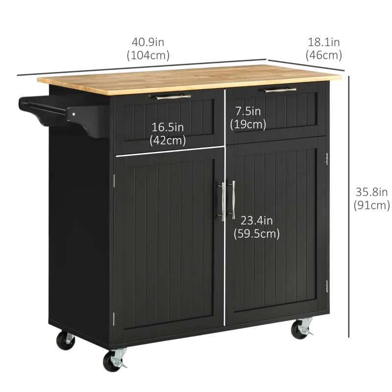 HOMCOM Rolling Kitchen Island, Kitchen Cart on Wheels with 2 Storage Drawers, 2 Door Cabinets and Towel Rack for Dining Room (Black, 2-Doors)