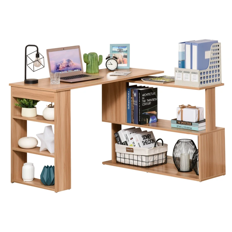 HOMCOM L Shaped Desk, 360° Rotating Corner Desk, Computer Writing Table Workstation with Storage Shelf for Home Office, Maple Brown
