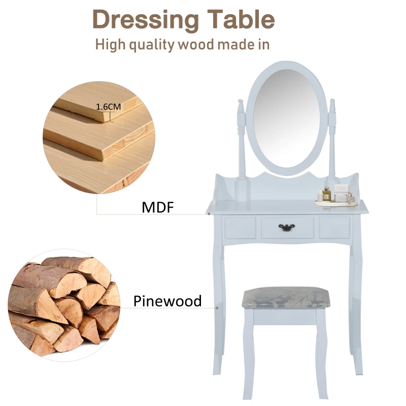 HOMCOM Vanity Table Set Oval Mirror Makeup Dressing Table with Cushioned Stool Bedroom Furniture White