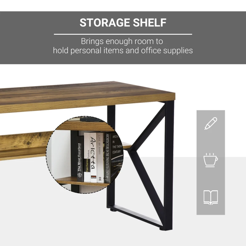 HOMCOM 55”  Computer Writing Desk, Corner Workstation, Laptop Table with K-Shaped Steel Leg and Storage Shelf, Brown and Black