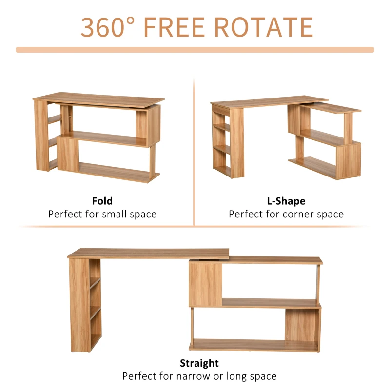HOMCOM L Shaped Desk, 360° Rotating Corner Desk, Computer Writing Table Workstation with Storage Shelf for Home Office, Maple Brown