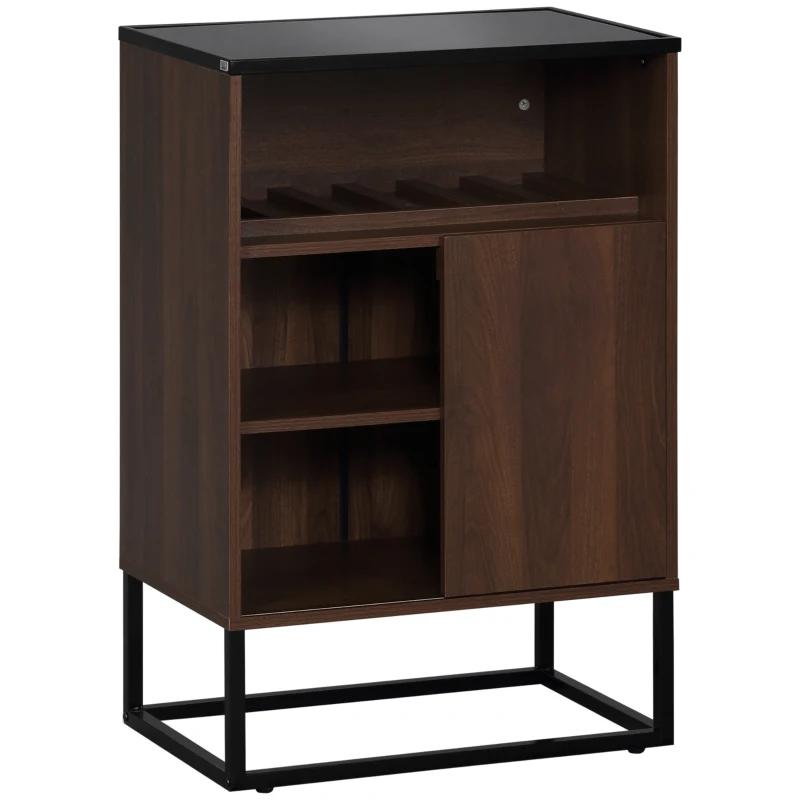 HOMCOM Industrial Wine Bar Cabinet, Liquor Cabinet for 6 Bottles, Sideboard with Sliding Door, Tempered Glass Top, Adjustable Shelf for Home Bar, Dining Room, Walnut