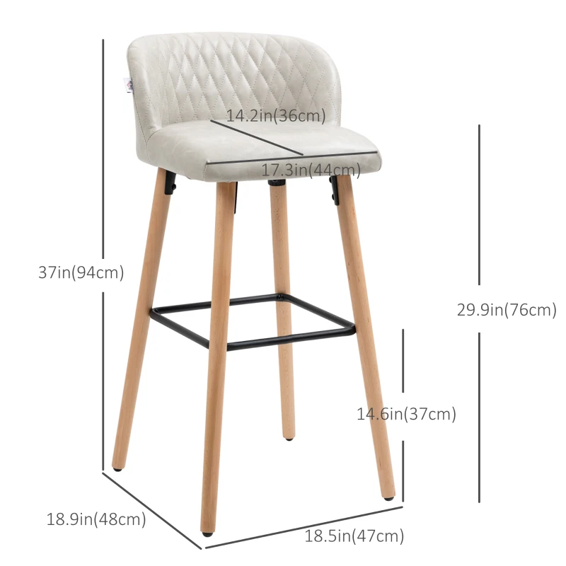 HOMCOM Bar Stool Set of 2 PU Leather Padded Counter Height Bar Stools with Footrest and Adjustable Feet for Home Kitchen White