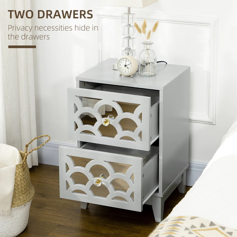 HOMCOM Modern Bedside Table, Side End Table with Drawers and Front Mirror, 15.4"x14.4"x23.6", Gray