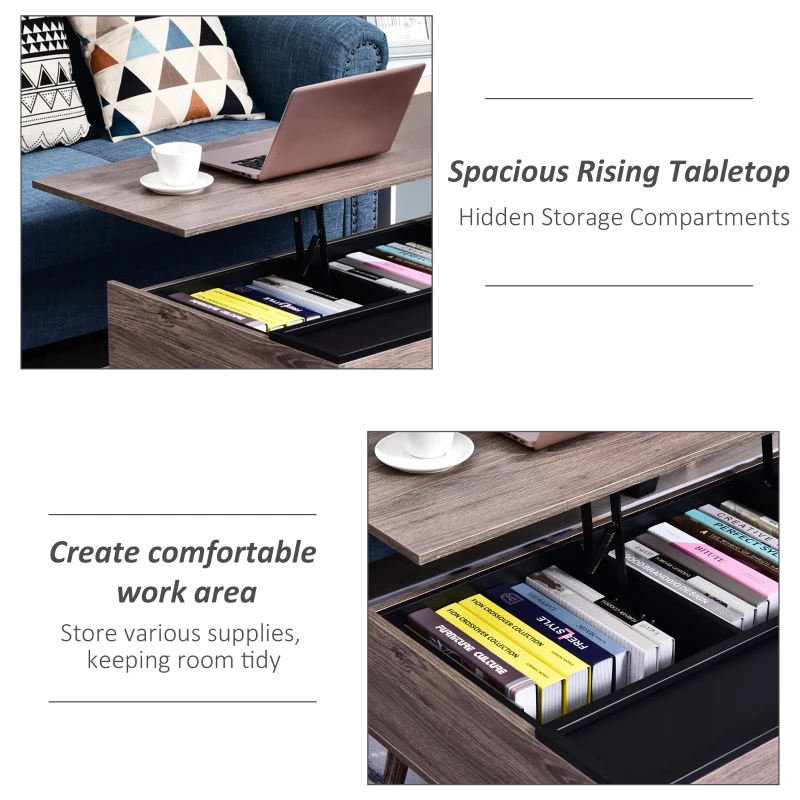 HOMCOM Lift Top Coffee Table with Hidden Compartment Storage Shelf, Modern Wood Solid Metal Frame Home Living Room Furniture Cocktail Table, Wood Grain Grey