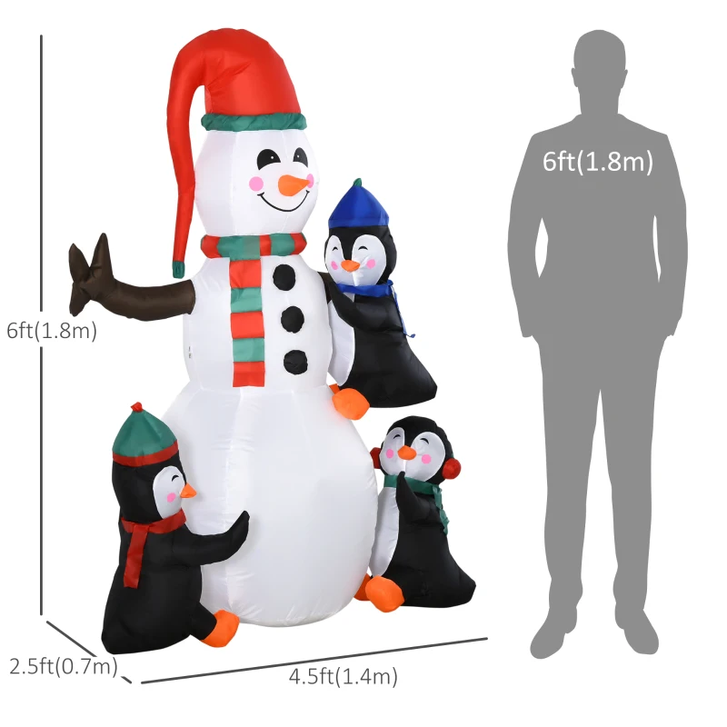 HOMCOM 6ft Christmas Inflatable Snowman with Three Penguins, Blow-Up Outdoor LED Yard Display with Rotating Colorful Light for Party, Garden, Holiday