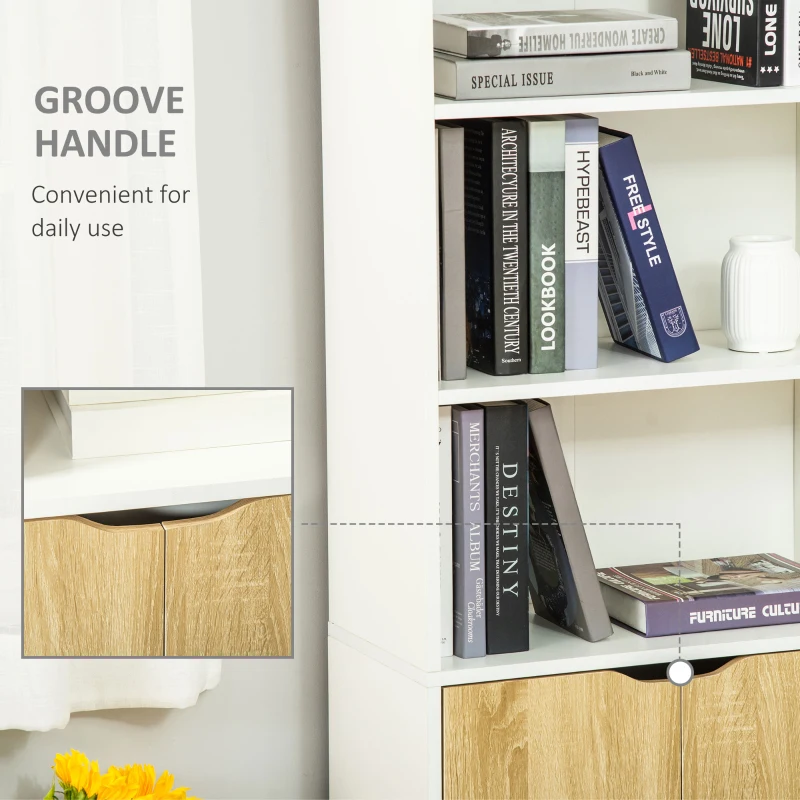 HOMCOM 4-Tier Open Bookshelf with Doors Modern Home Office Bookcase Storage Cabinet for Living Room Bathroom Study, Oak