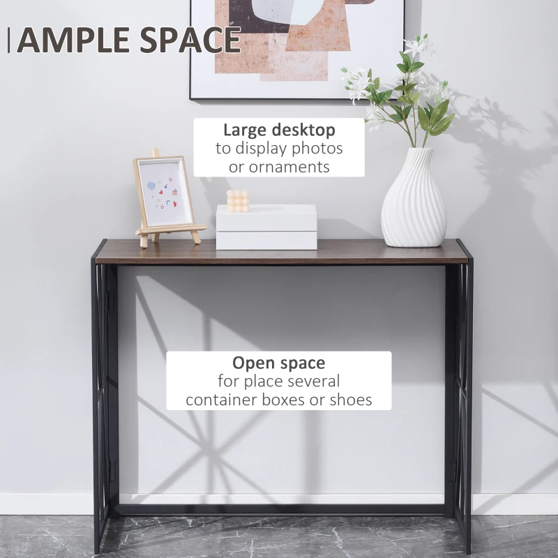 HOMCOM Foldable Console Table, Industrial Sofa Table, Narrow Farmhouse Table with Metal Frame for Living Room, Entryway, Foyer, Brown