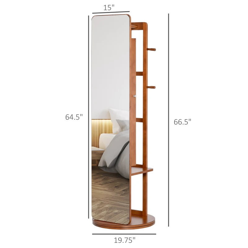 HOMCOM Full Length Mirror with Jewellery Cabinet, Hanging Cloth Bar, Coat Rack, 360° Rotate Floor Mirror for Bedroom, Living Room, Light Walnut