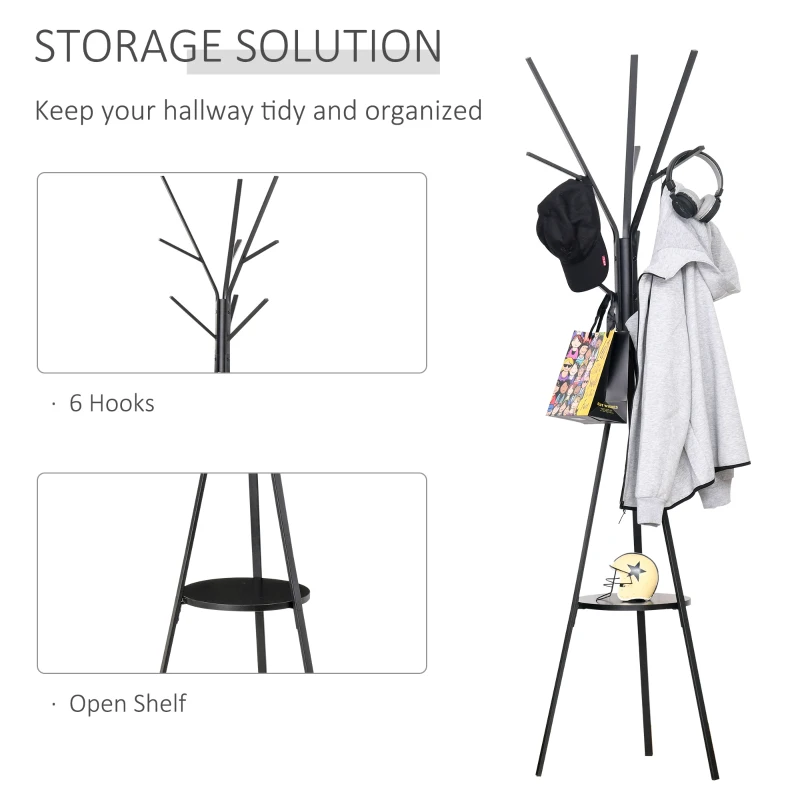 HOMCOM 71" Metal Free Standing Coat Rack Hat Hanger Garment Holder 9 Hooks with Shelf Entryway Hall Tree Stand for Clothes Hat Scarves Black