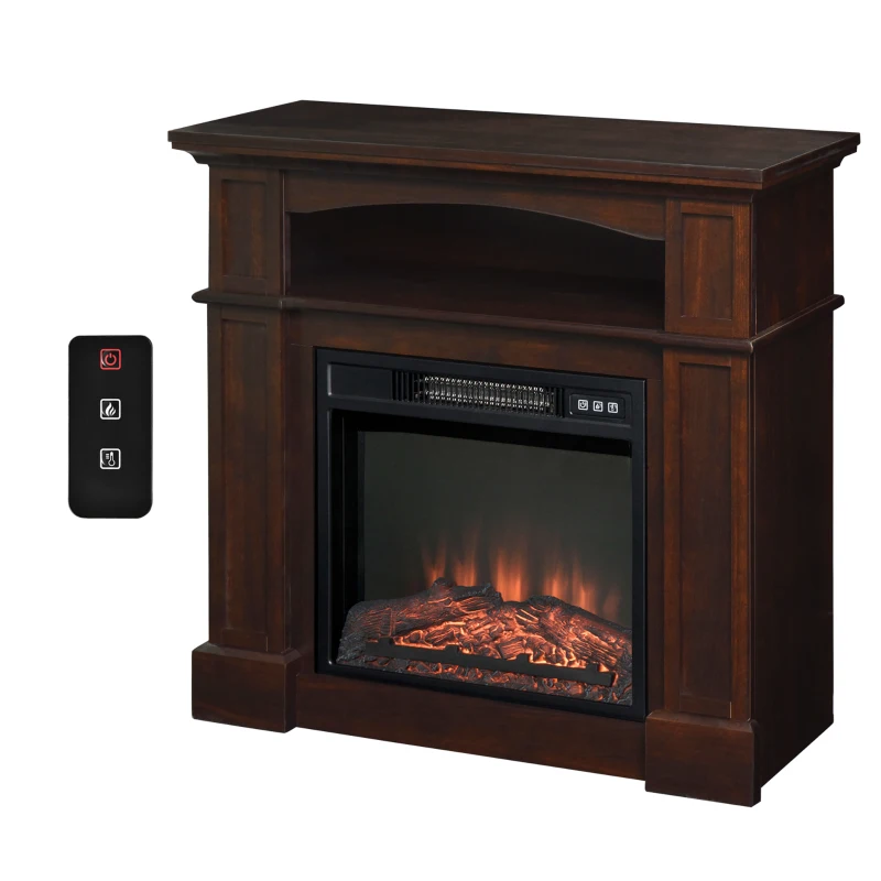 HOMCOM 32" Electric Fireplace with Mantel, Freestanding Heater with LED Log Flame, Shelf and Remote Control, 1400W, Dark Coffee