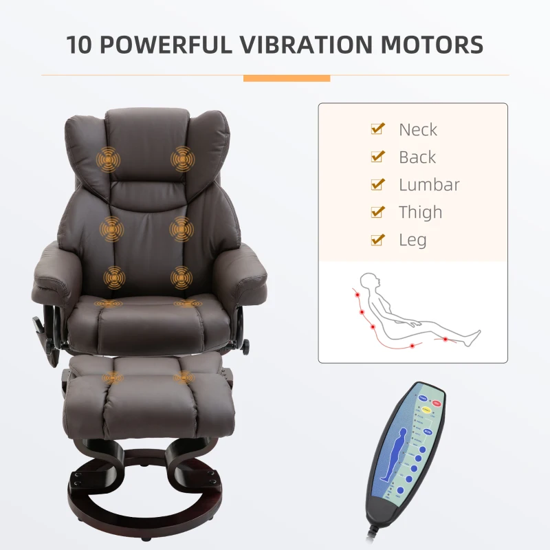 HOMCOM Massage Recliner and Ottoman, PU Leisure Office Chair with 10 Vibration Points, Adjustable Backrest, Side Pocket and Remote Control, for Living Room, Study, Bedroom, Brown