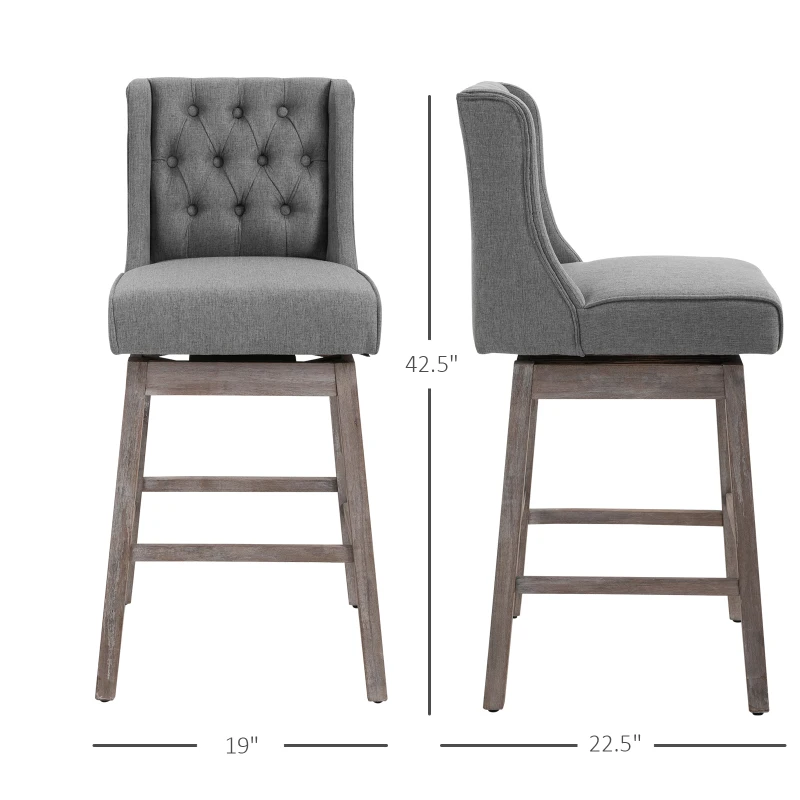 HOMCOM Set of 2 Barstools, 180 Degree Swivel Kitchen Island Stool Dining Room Chairs with Solid Wood Footrests and Button Tufted Design, Grey