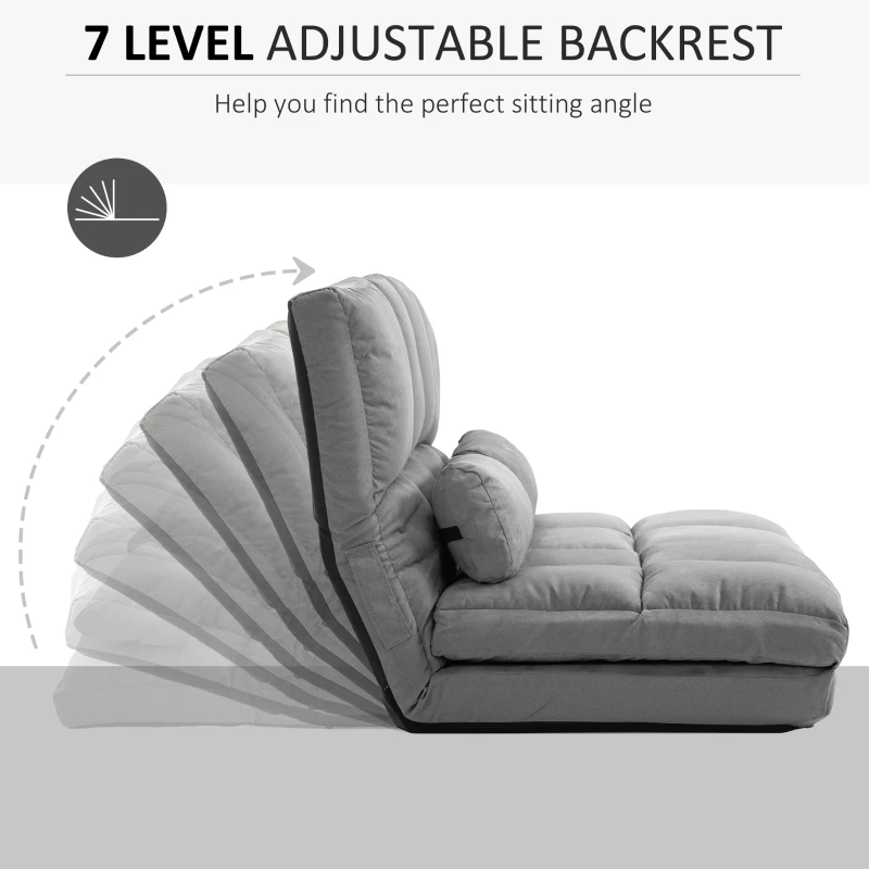 HOMCOM 2-In-1 Floor Sofa Lazy Bed, Folding Couch with Adjustable Backrest Headrest, Thick Padding, Metal Frame and 2 Pillows, Grey