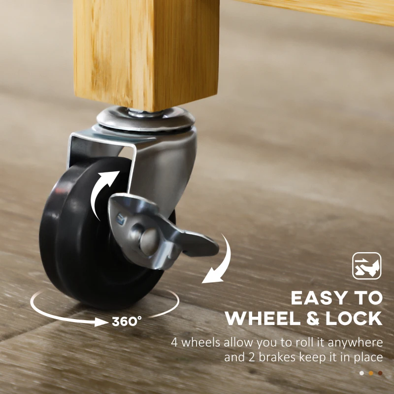 HOMCOM Bamboo Kitchen Island on Wheels, Rolling Kitchen Cart with Tempered Glass Top, 2 Drawers, Towel Racks, Open Compartments, Rattan Door Cabinet, Natural